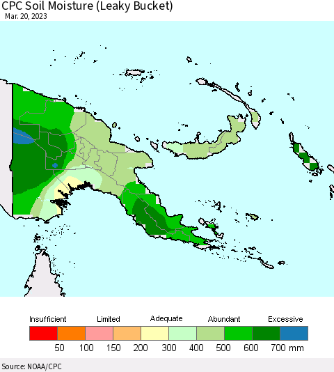 Papua New Guinea CPC Soil Moisture (Leaky Bucket) Thematic Map For 3/16/2023 - 3/20/2023