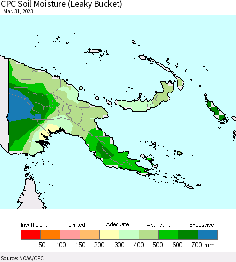 Papua New Guinea CPC Soil Moisture (Leaky Bucket) Thematic Map For 3/26/2023 - 3/31/2023