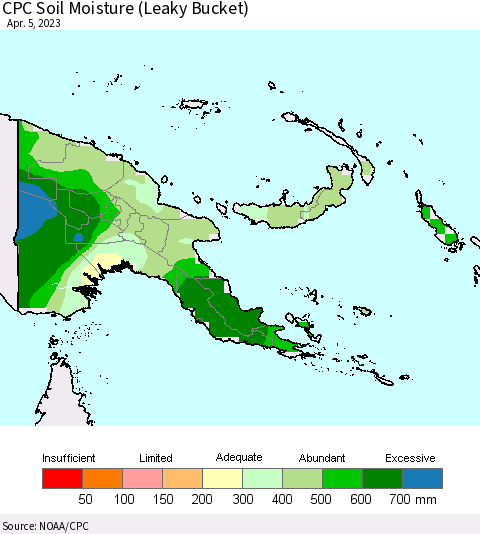 Papua New Guinea CPC Soil Moisture (Leaky Bucket) Thematic Map For 4/1/2023 - 4/5/2023