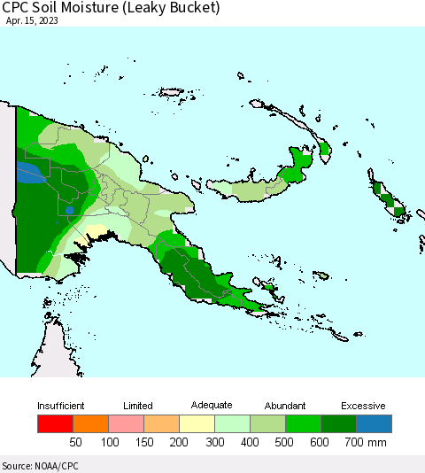 Papua New Guinea CPC Soil Moisture (Leaky Bucket) Thematic Map For 4/11/2023 - 4/15/2023