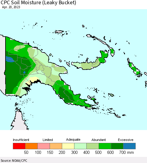 Papua New Guinea CPC Soil Moisture (Leaky Bucket) Thematic Map For 4/16/2023 - 4/20/2023