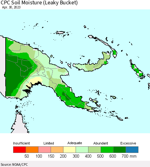 Papua New Guinea CPC Soil Moisture (Leaky Bucket) Thematic Map For 4/26/2023 - 4/30/2023