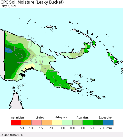 Papua New Guinea CPC Soil Moisture (Leaky Bucket) Thematic Map For 5/1/2023 - 5/5/2023