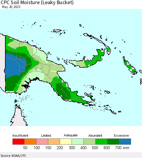Papua New Guinea CPC Soil Moisture (Leaky Bucket) Thematic Map For 5/16/2023 - 5/20/2023