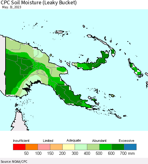 Papua New Guinea CPC Soil Moisture (Leaky Bucket) Thematic Map For 5/26/2023 - 5/31/2023
