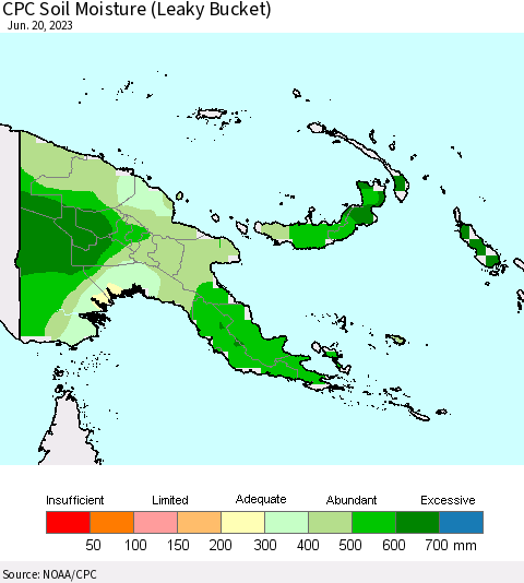 Papua New Guinea CPC Soil Moisture (Leaky Bucket) Thematic Map For 6/16/2023 - 6/20/2023