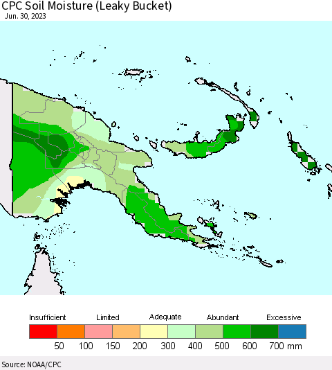 Papua New Guinea CPC Soil Moisture (Leaky Bucket) Thematic Map For 6/26/2023 - 6/30/2023