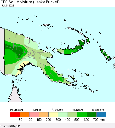 Papua New Guinea CPC Soil Moisture (Leaky Bucket) Thematic Map For 7/1/2023 - 7/5/2023