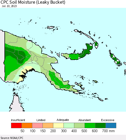Papua New Guinea CPC Soil Moisture (Leaky Bucket) Thematic Map For 7/6/2023 - 7/10/2023