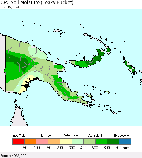 Papua New Guinea CPC Soil Moisture (Leaky Bucket) Thematic Map For 7/11/2023 - 7/15/2023