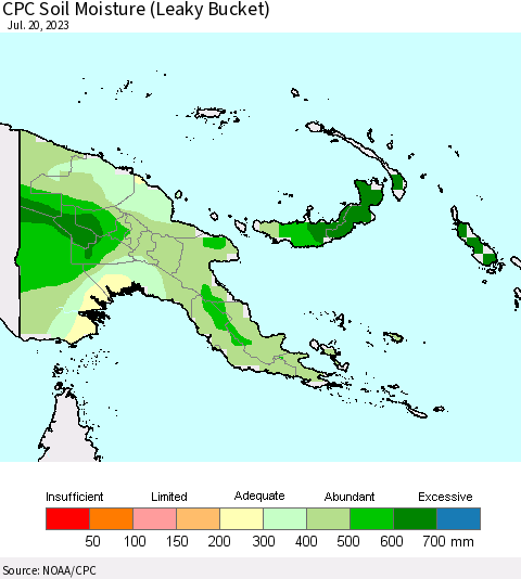 Papua New Guinea CPC Soil Moisture (Leaky Bucket) Thematic Map For 7/16/2023 - 7/20/2023