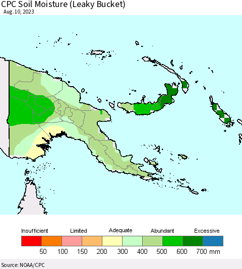 Papua New Guinea CPC Soil Moisture (Leaky Bucket) Thematic Map For 8/6/2023 - 8/10/2023