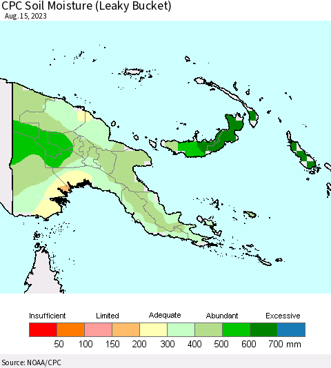 Papua New Guinea CPC Soil Moisture (Leaky Bucket) Thematic Map For 8/11/2023 - 8/15/2023