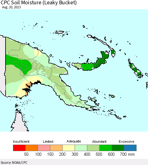 Papua New Guinea CPC Soil Moisture (Leaky Bucket) Thematic Map For 8/16/2023 - 8/20/2023