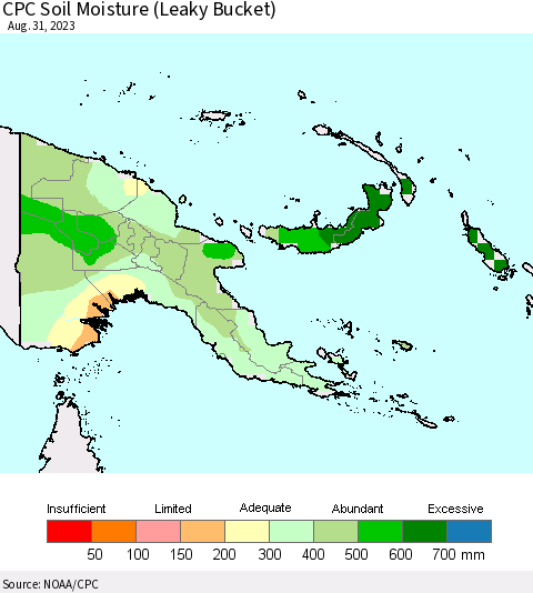 Papua New Guinea CPC Soil Moisture (Leaky Bucket) Thematic Map For 8/26/2023 - 8/31/2023