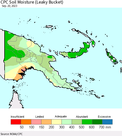 Papua New Guinea CPC Soil Moisture (Leaky Bucket) Thematic Map For 9/16/2023 - 9/20/2023
