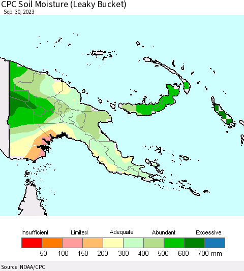 Papua New Guinea CPC Soil Moisture (Leaky Bucket) Thematic Map For 9/26/2023 - 9/30/2023