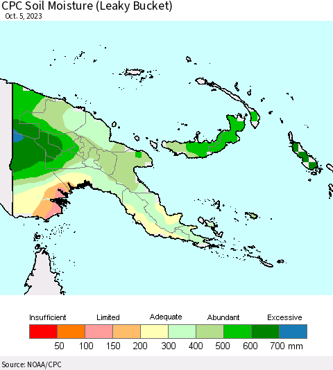 Papua New Guinea CPC Soil Moisture (Leaky Bucket) Thematic Map For 10/1/2023 - 10/5/2023
