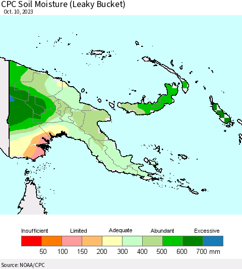 Papua New Guinea CPC Soil Moisture (Leaky Bucket) Thematic Map For 10/6/2023 - 10/10/2023