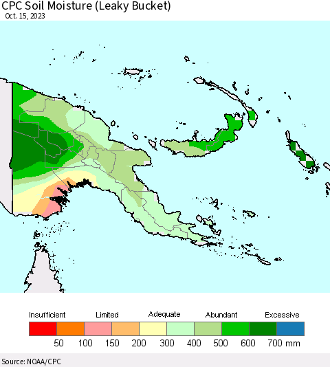 Papua New Guinea CPC Soil Moisture (Leaky Bucket) Thematic Map For 10/11/2023 - 10/15/2023