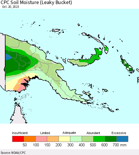 Papua New Guinea CPC Soil Moisture (Leaky Bucket) Thematic Map For 10/16/2023 - 10/20/2023