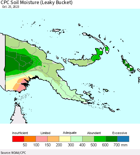 Papua New Guinea CPC Soil Moisture (Leaky Bucket) Thematic Map For 10/21/2023 - 10/25/2023
