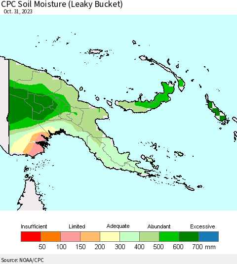Papua New Guinea CPC Soil Moisture (Leaky Bucket) Thematic Map For 10/26/2023 - 10/31/2023