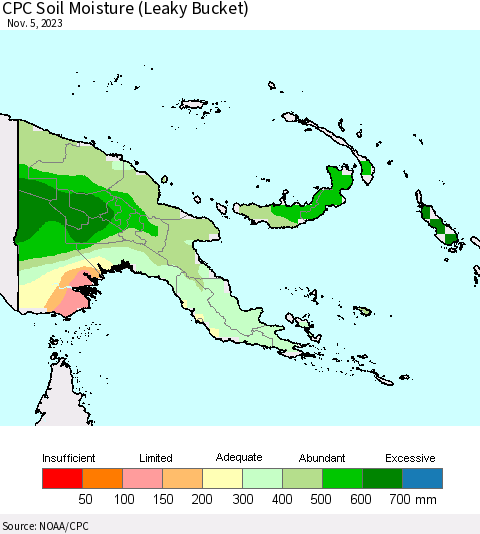 Papua New Guinea CPC Soil Moisture (Leaky Bucket) Thematic Map For 11/1/2023 - 11/5/2023