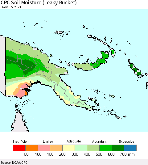 Papua New Guinea CPC Soil Moisture (Leaky Bucket) Thematic Map For 11/11/2023 - 11/15/2023
