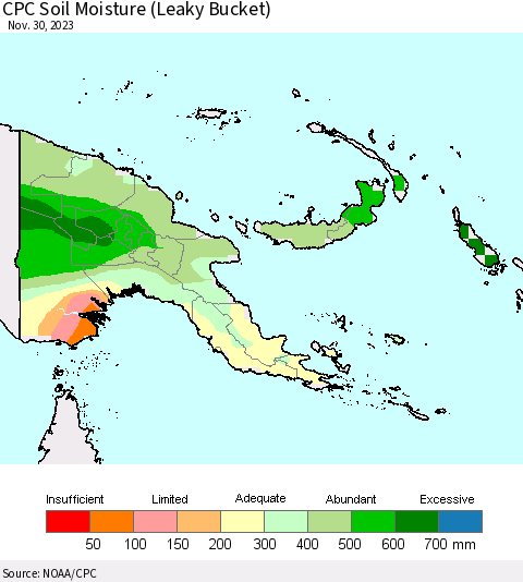 Papua New Guinea CPC Soil Moisture (Leaky Bucket) Thematic Map For 11/26/2023 - 11/30/2023