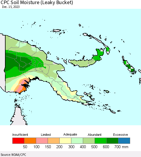 Papua New Guinea CPC Soil Moisture (Leaky Bucket) Thematic Map For 12/11/2023 - 12/15/2023
