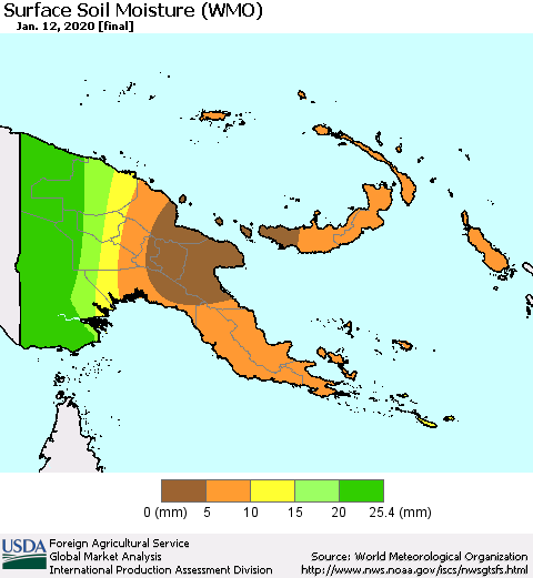 Papua New Guinea Surface Soil Moisture (WMO) Thematic Map For 1/6/2020 - 1/12/2020