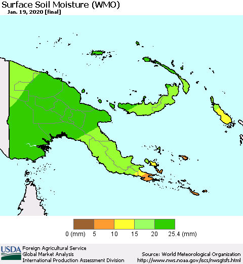 Papua New Guinea Surface Soil Moisture (WMO) Thematic Map For 1/13/2020 - 1/19/2020