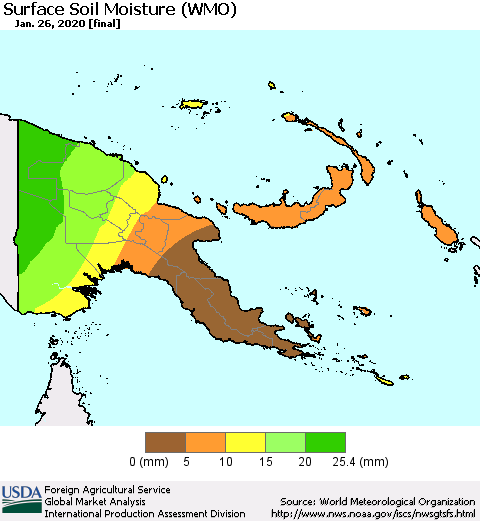 Papua New Guinea Surface Soil Moisture (WMO) Thematic Map For 1/20/2020 - 1/26/2020