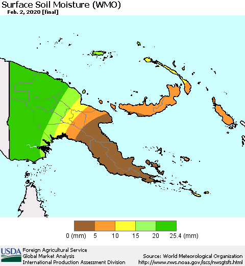 Papua New Guinea Surface Soil Moisture (WMO) Thematic Map For 1/27/2020 - 2/2/2020