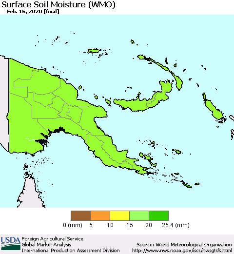 Papua New Guinea Surface Soil Moisture (WMO) Thematic Map For 2/10/2020 - 2/16/2020