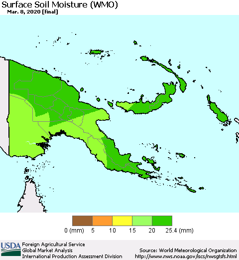 Papua New Guinea Surface Soil Moisture (WMO) Thematic Map For 3/2/2020 - 3/8/2020