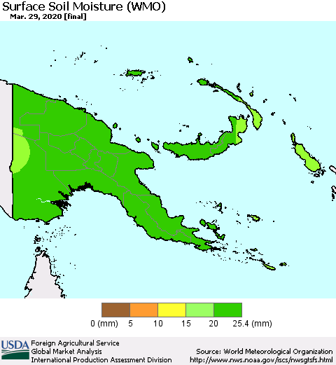 Papua New Guinea Surface Soil Moisture (WMO) Thematic Map For 3/23/2020 - 3/29/2020