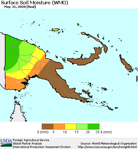 Papua New Guinea Surface Soil Moisture (WMO) Thematic Map For 5/25/2020 - 5/31/2020