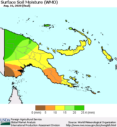 Papua New Guinea Surface Soil Moisture (WMO) Thematic Map For 8/10/2020 - 8/16/2020