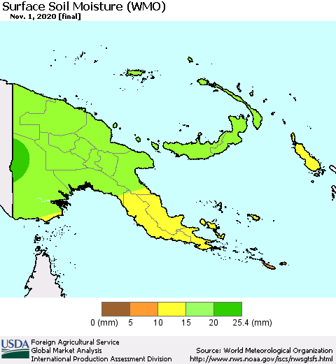 Papua New Guinea Surface Soil Moisture (WMO) Thematic Map For 10/26/2020 - 11/1/2020