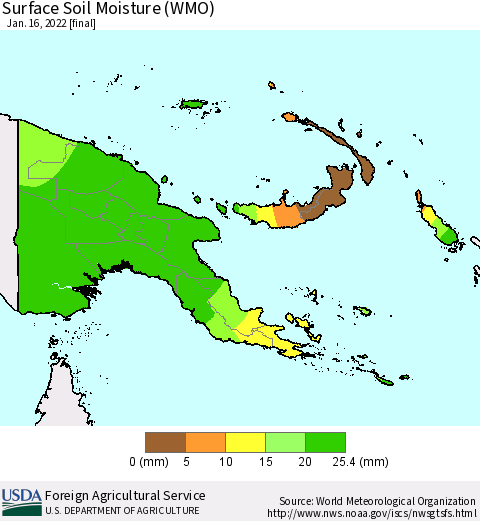 Papua New Guinea Surface Soil Moisture (WMO) Thematic Map For 1/10/2022 - 1/16/2022