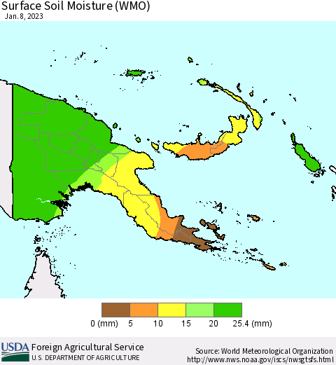 Papua New Guinea Surface Soil Moisture (WMO) Thematic Map For 1/2/2023 - 1/8/2023