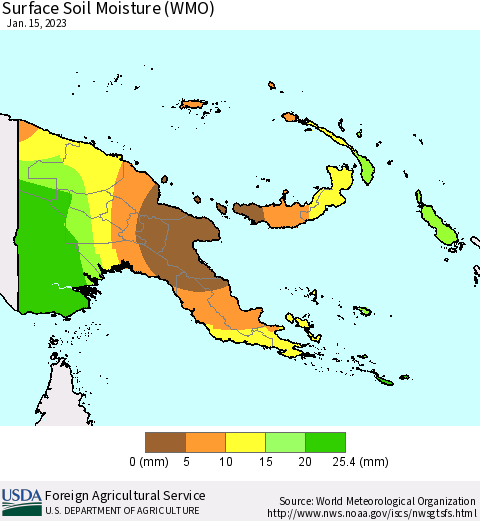Papua New Guinea Surface Soil Moisture (WMO) Thematic Map For 1/9/2023 - 1/15/2023