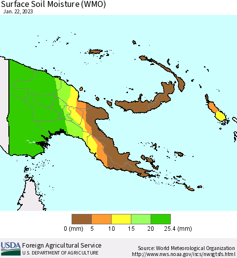 Papua New Guinea Surface Soil Moisture (WMO) Thematic Map For 1/16/2023 - 1/22/2023