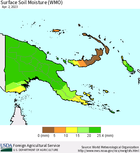 Papua New Guinea Surface Soil Moisture (WMO) Thematic Map For 3/27/2023 - 4/2/2023