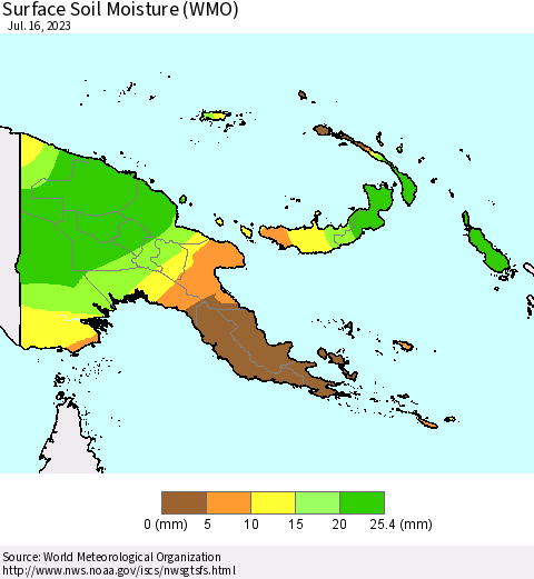 Papua New Guinea Surface Soil Moisture (WMO) Thematic Map For 7/10/2023 - 7/16/2023