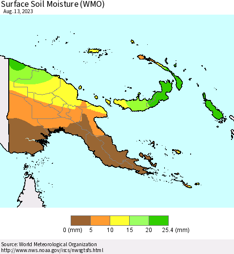 Papua New Guinea Surface Soil Moisture (WMO) Thematic Map For 8/7/2023 - 8/13/2023