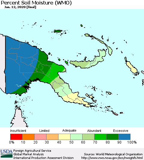 Papua New Guinea Percent Soil Moisture (WMO) Thematic Map For 1/6/2020 - 1/12/2020