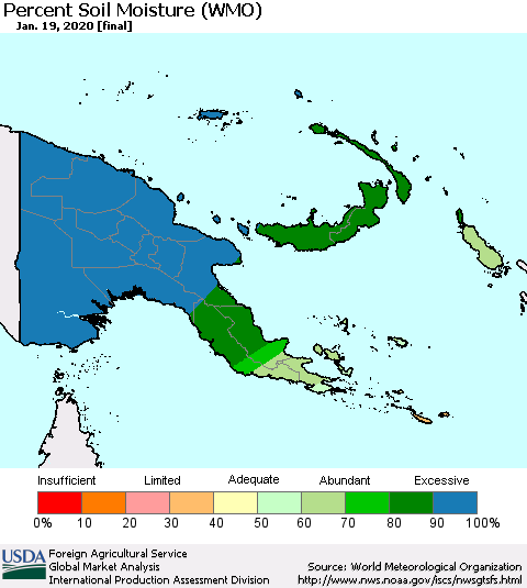Papua New Guinea Percent Soil Moisture (WMO) Thematic Map For 1/13/2020 - 1/19/2020